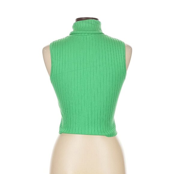 Ribbed turtleneck knit high neck tank top sleeveless mock sweater green stretch - Picture 3 of 8